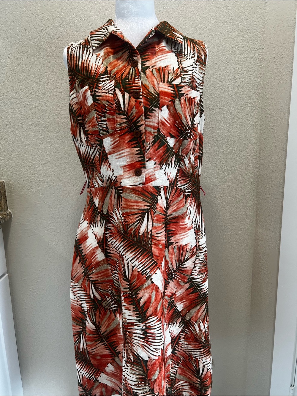 Shelby & Palmer Sleeveless Palm-Print Midi Dress in Rust and White